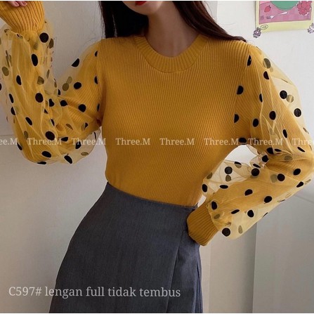 HOPYLOVY - Atasan Wanita Knit Polka Blouse Lengan Panjang Narima