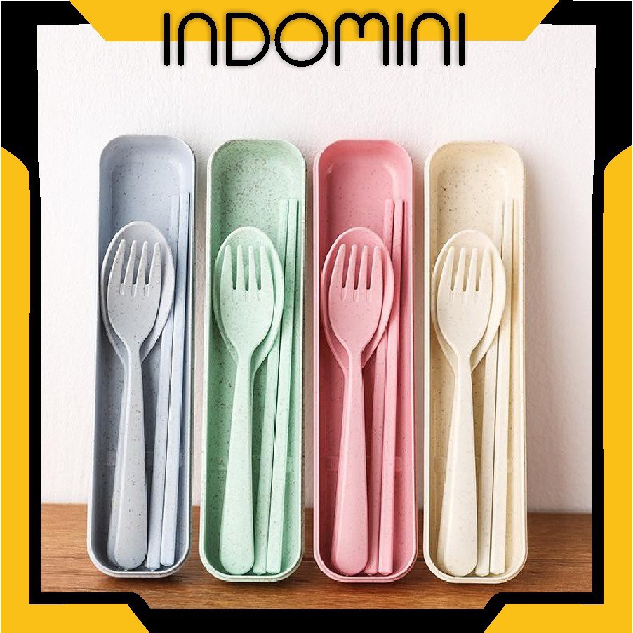 INDOMINI Sendok 3 in1 Cutlery Dinnerware Set Wheat Straw Bahan Plastik Paket Travel R190