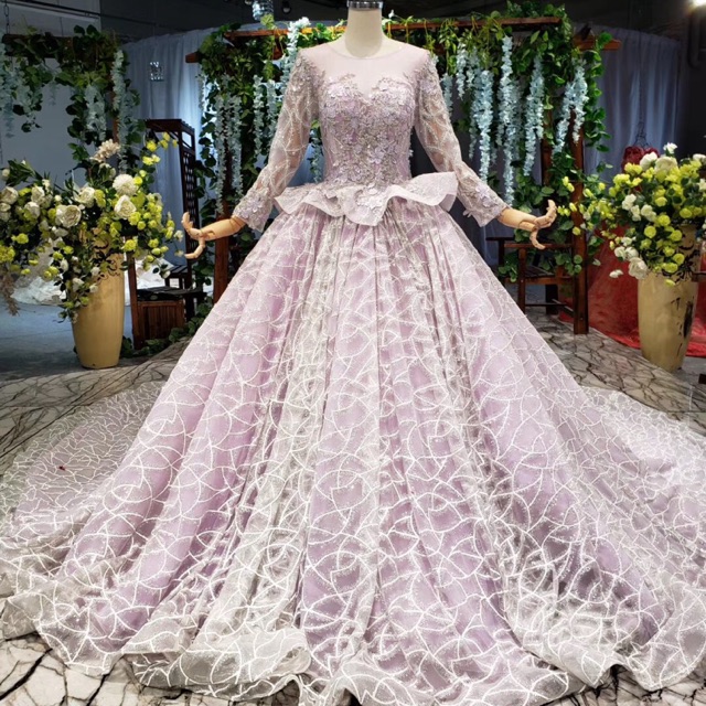 GAUN PENGANTIN UNGU SOFT LENGAN PANJANG EKOR PREMIUM