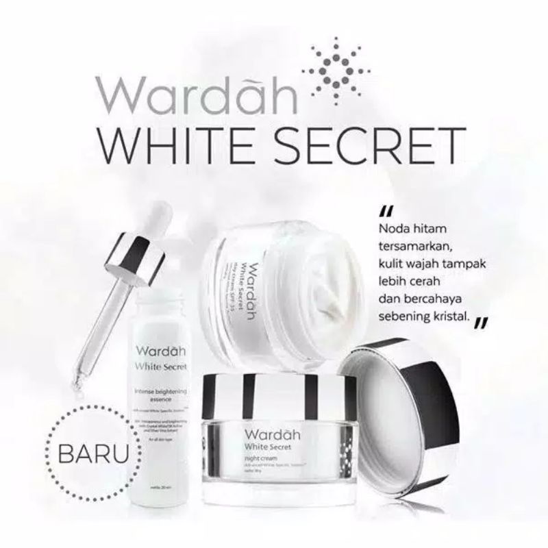 paketan wardah white secret isi paket ada 3pcs yaitu ;cream siang30g,cream malam30g,serum17ml