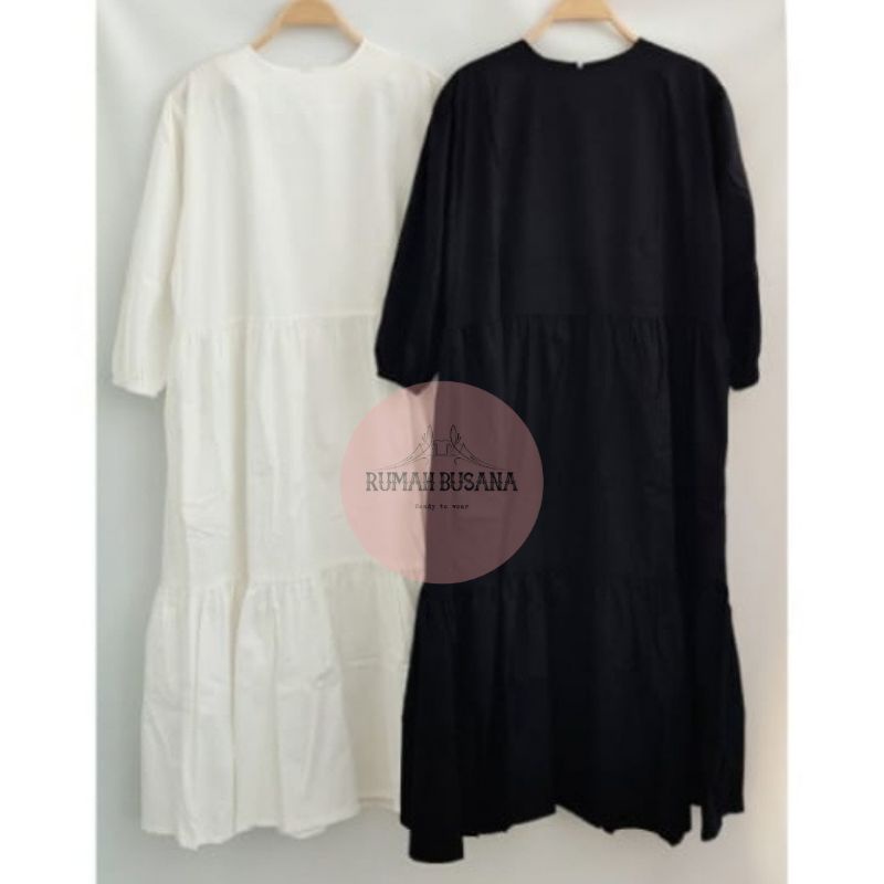 Rumahbusanartw | Gamis Tunik Wanita Babydoll Black And White Katun Poplin Kode 6183