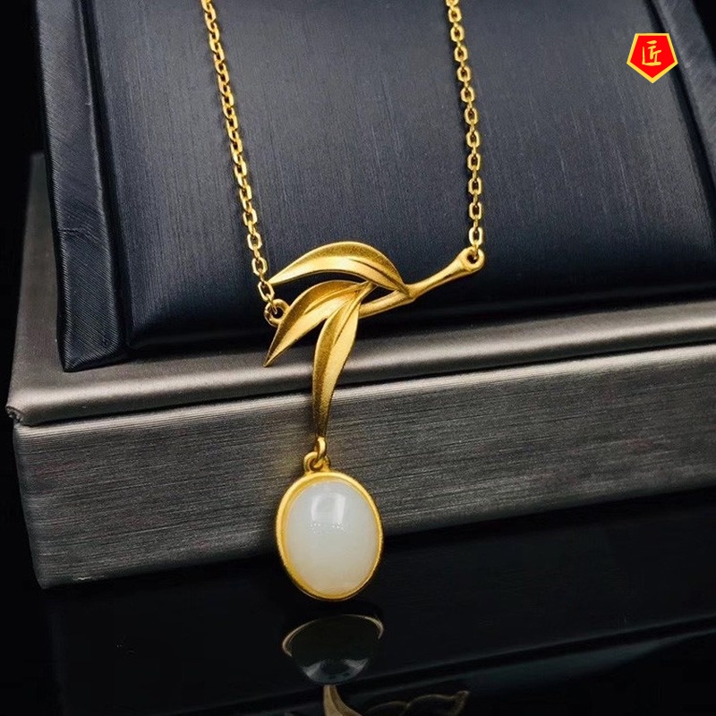 [Ready Stock]White Jade Bamboo Joint Buckle Necklace Blessing Egg Golden Pendant