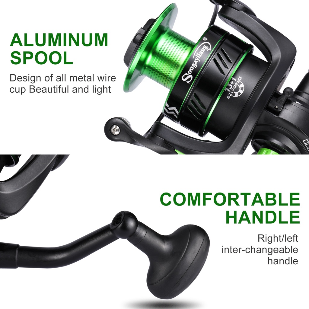 Spinning Fishing Reel Kawat Aluminium Spool Spinning Reel 13 + 1 Ball Bearings 5.0: 1 Rasio Gigi Kanan Kiri Pegangan yang Dapat Diganti untuk Air Asin Air Tawar Alat Memancing Ikan Mas Tackle Outdoor