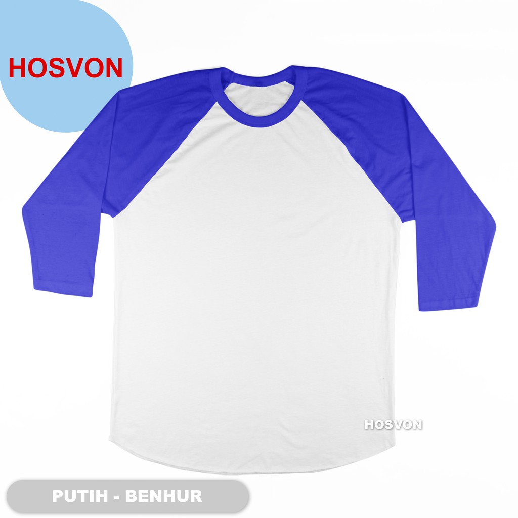 PUTIH - BIRU BENHUR Raglan Lengan 3/4 COTTON COMBED (PRIA &amp; WANITA)