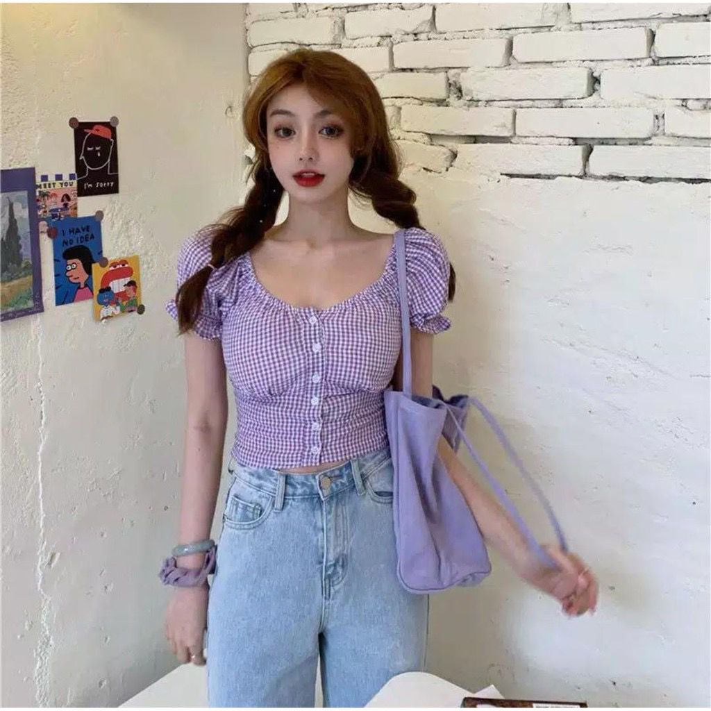 Toply shop Korean Puff Sleeve Square Blouse Atasan Wanita Lengan Pendek