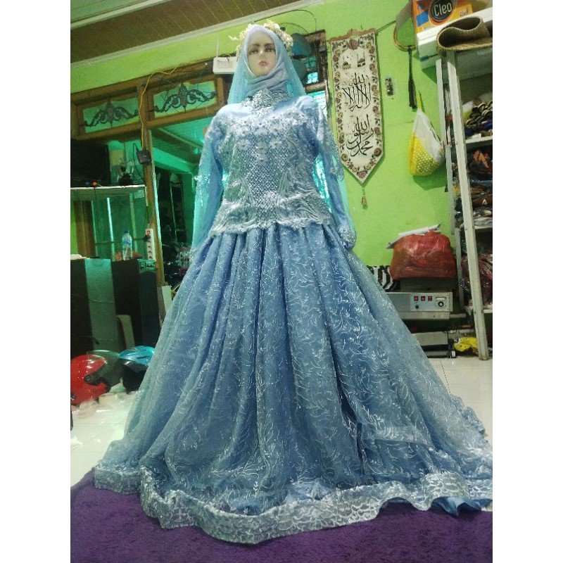 gaun pengantin biru frozen prewed wedding kebaya ekor tile mewah new preloved second bridal lebar xl