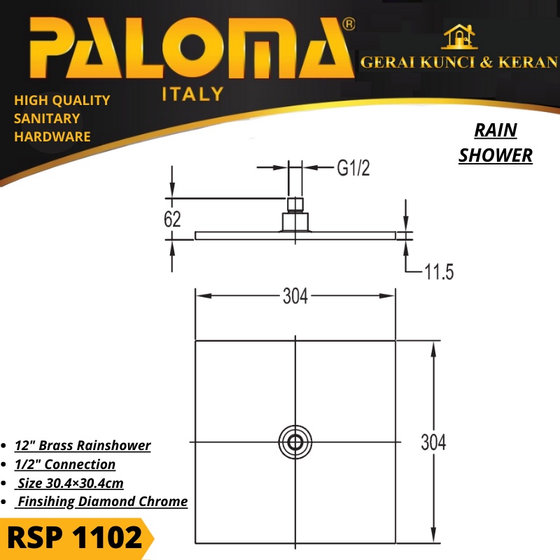 PALOMA RSP 1102 RAIN SHOWER MANDI PALOMA 12 INCH KOTAK BRASS CHROME