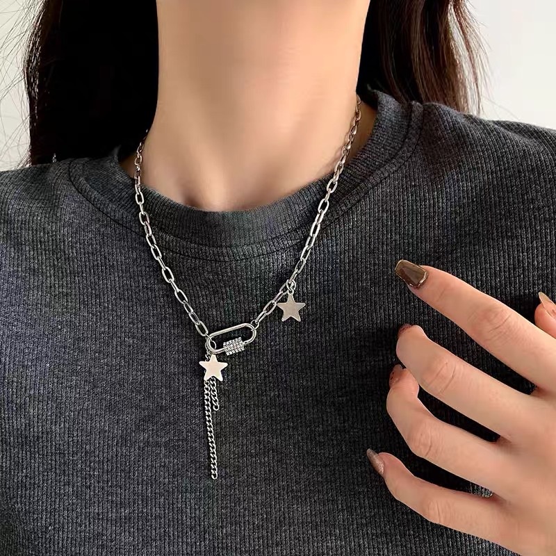 Rumbai lima menunjuk bintang baja titanium kalung wanita in tertanam Berlian klip kalung niche desai