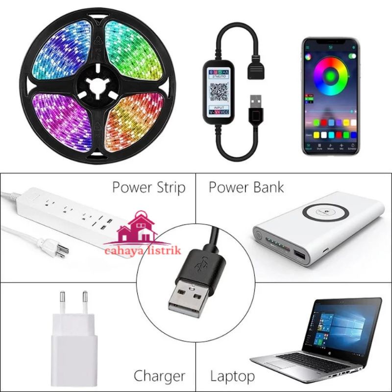 Paket Lampu LED Strip RGB 5V USB 5M 5050 IP44 3 TOMBOL Controller mini Bluetooth Tv Warna Warni