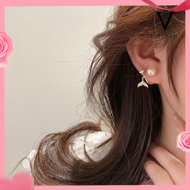 [COD]Pearl Fishtail Back Hanging Earrings Wanita High-end Cahaya Mewah Penuh Berlian Anting Geometris-FA