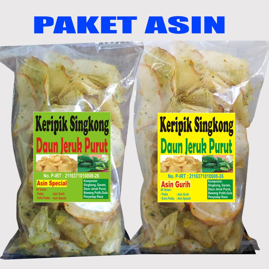 

Paket Asin (Asin Gurih + Asin Special) Keripik Singkong Daun Jeruk Purut