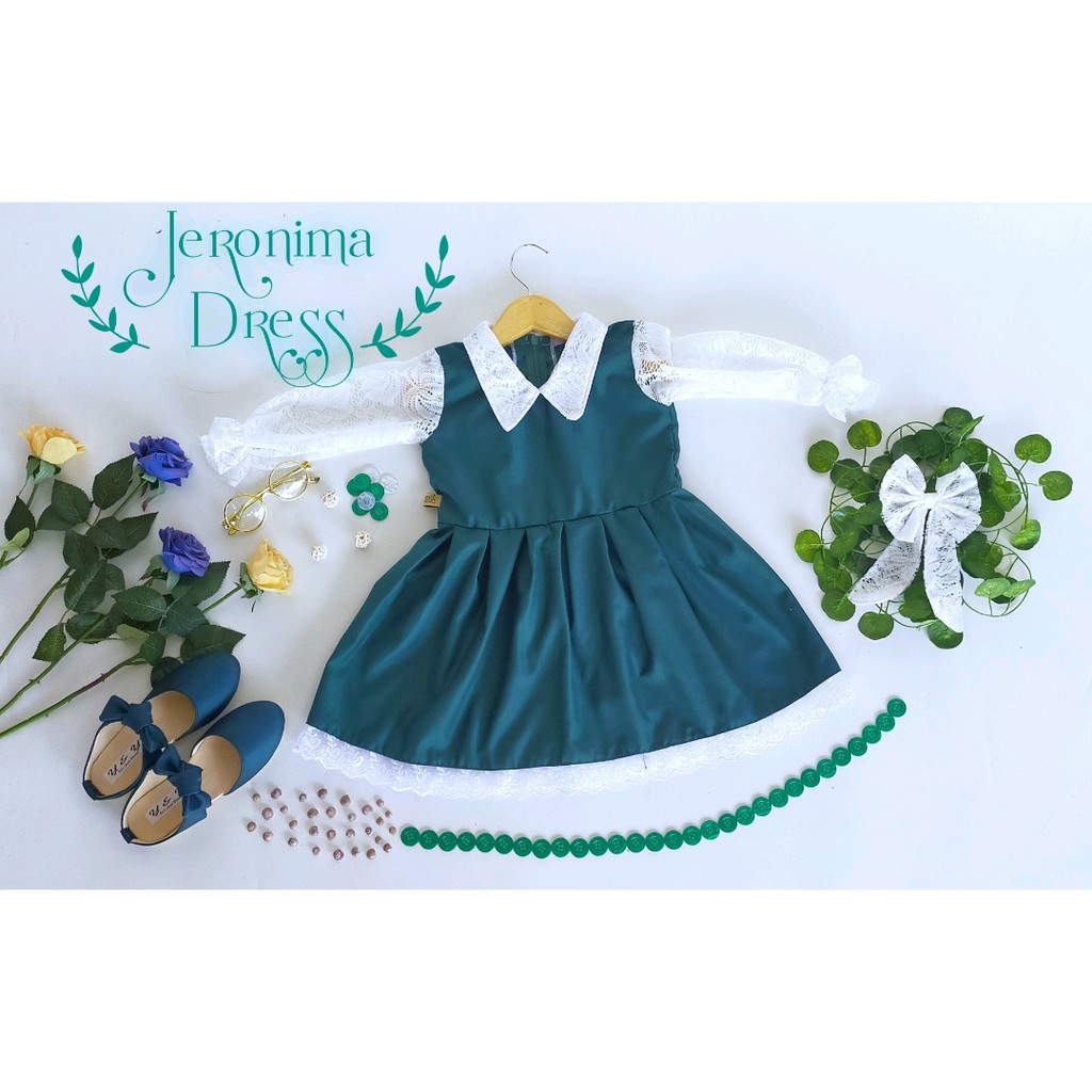 DRESS JERONIMA NEWBORN/DRESS ANAK/GAUN ANAK/BAJU PHOTOSHOT/BAJU BAYI WARNA HIJAU BOTOL SIZE NEWBORN-