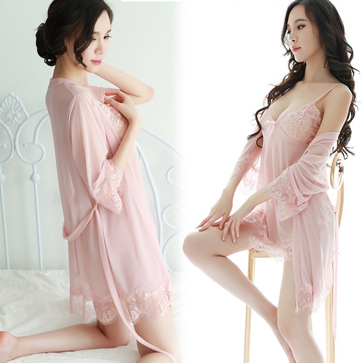 Kimono Wanita Sexy Set Baju Tidur Selempang Piyama Transparan 3 in 1 Ukuran Besar A270