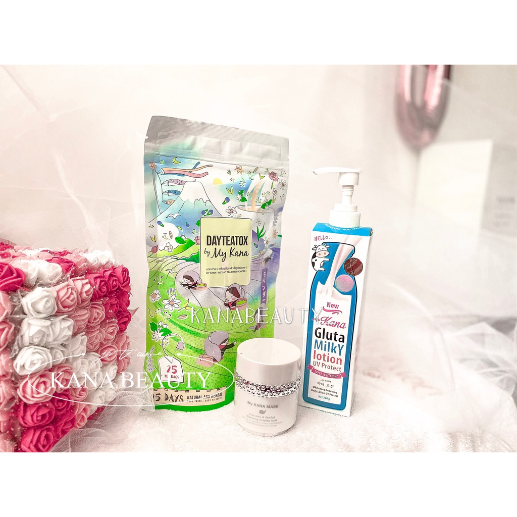 PAKET B (DAYTEATOX by MY KANA + MYKANA SLEEPING MASK + GLUTA MILKY LOTION)