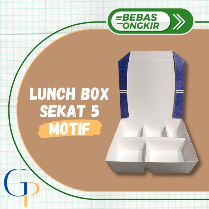 Paper Lunch Box Sekat 5 Motif Biru/ Kotak Makan Kertas Sekat 5