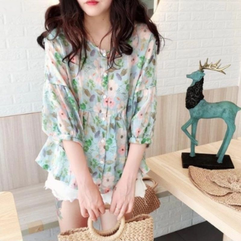 MDLV ~ 5078# Clarisse Babydoll Blouse Atasan Blouse Flower Korea Import