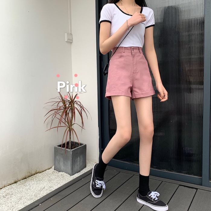 Celana Fashion Wanita Celana Pendek Gaya Hong Kong Katun Pinggang Tinggi Slim Denim Celana Pendek Wanita Retro Lebar Kaki Celana Kasual Hot Celana Pakaian Wanita