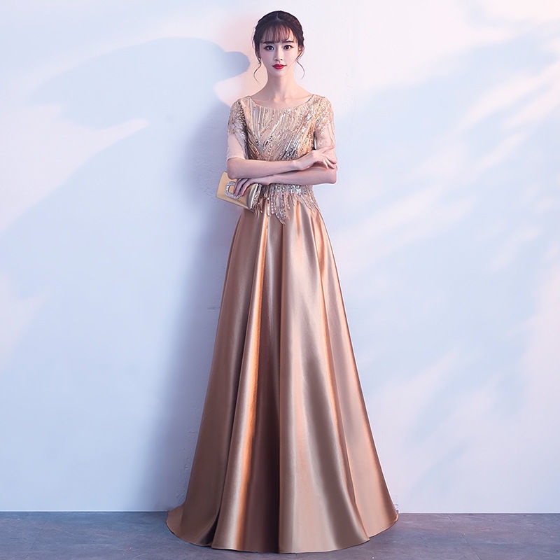 READY Gaun malam emas perempuan baru temperamendress perempuan import model korea  gaun pesta mewah