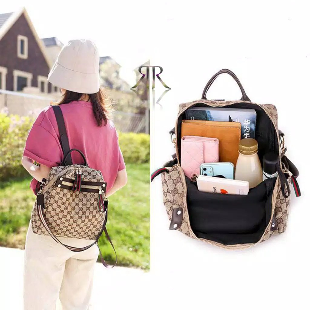 Tas Wanita Tas Ransel Wanita Kanvas Mocca Motif Huruf Free Gantungan Lucu Backpack Multifungsi