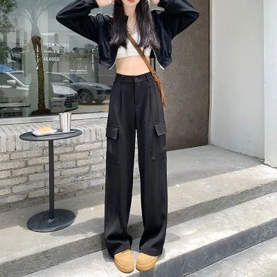 Celana Kargo Wanita Gaya Korea Retro Pinggang Tinggi Celana Casual Kaki Lebar