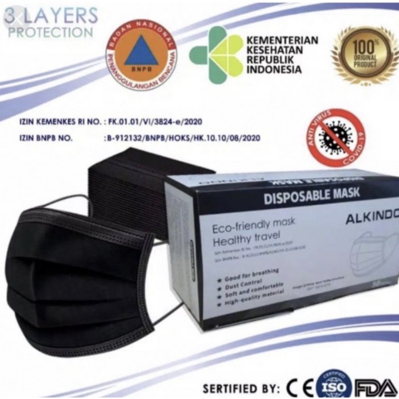 MASKER ALKINDO HITAM EARLOOP 3 PLY - DISPOSABLE FACE MASK