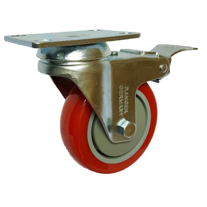 Roda Caster / Troli / Trolley PU Merah 4 Inch Rem ( Kunci ) Ranger Germany