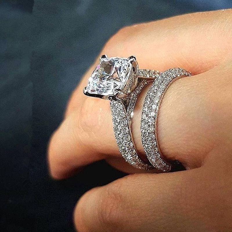 2pcs / set Exquisite 925 Perak Tergabung Kristal Zircon Perempuan Pernikahan Diamond Ring