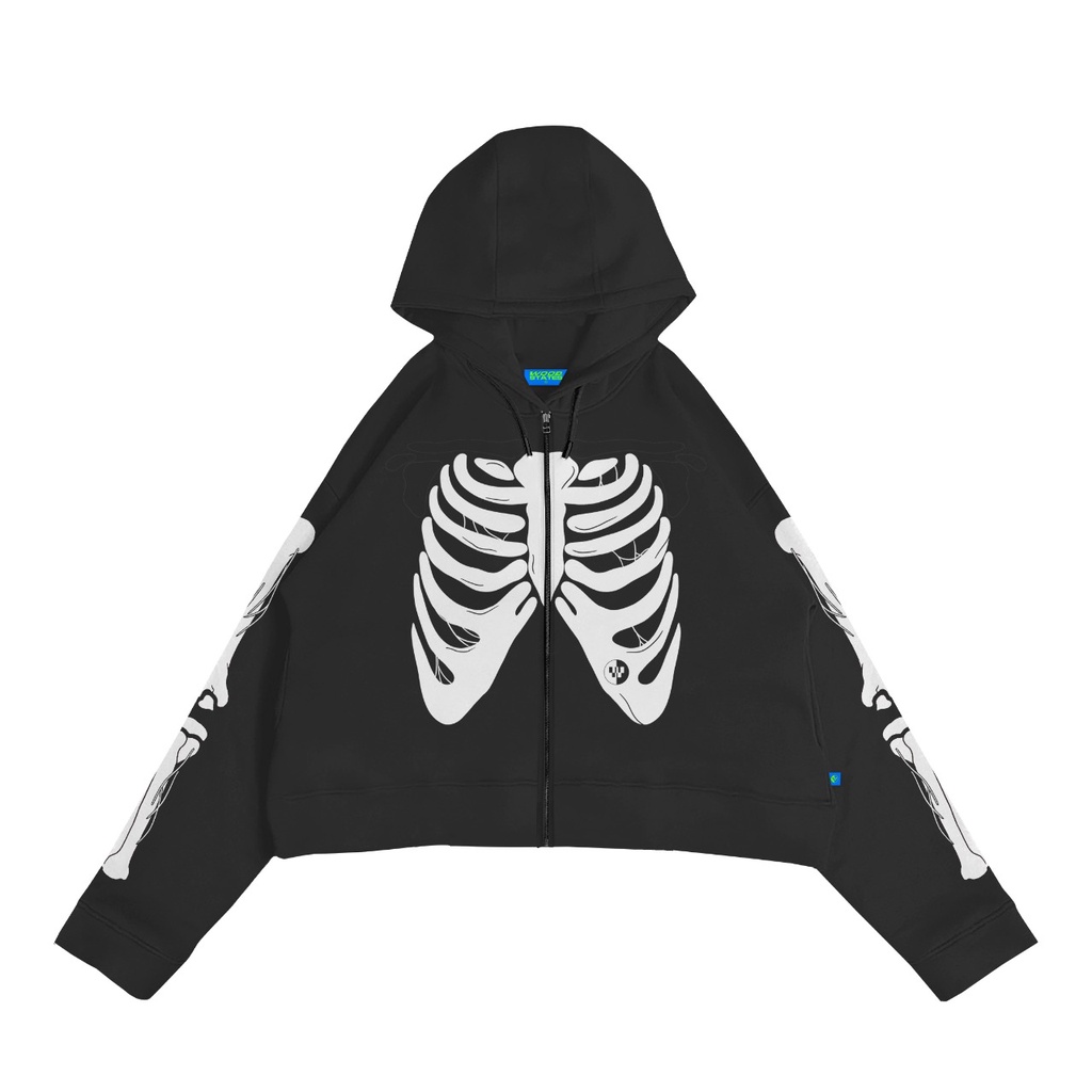 	 Woodstates Sweater Hoodie Zipper Oversize Crop Bones Black	