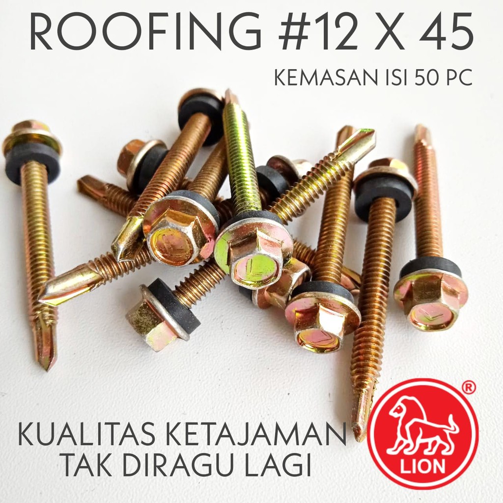 Sekrup Baja Ringan Baut Roofing Skrup Rangka Drilling Besi Hollow Besi Holo Scrup Lion 12x45 50pcs