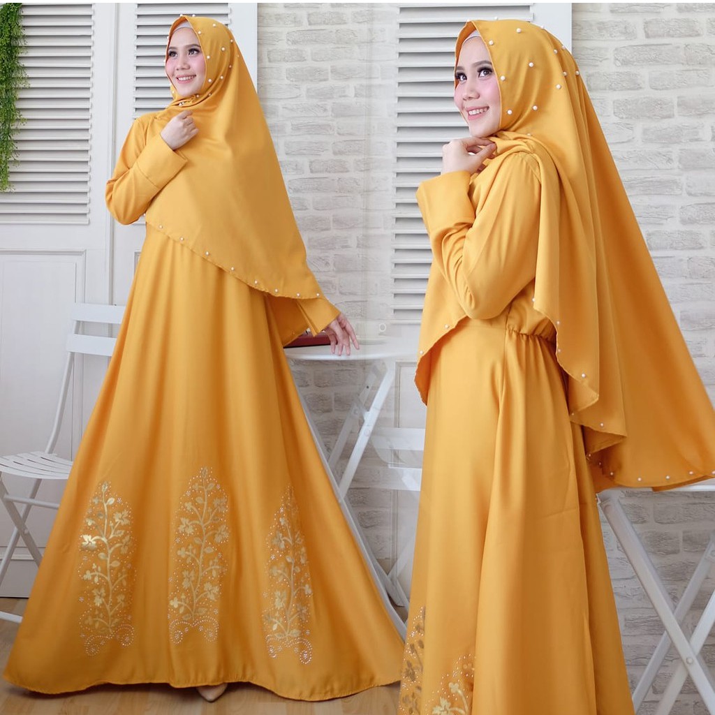 HOPYLOVY - Gamis Wanita Modern Rosma Syari + Bergo Tabur Mutiara