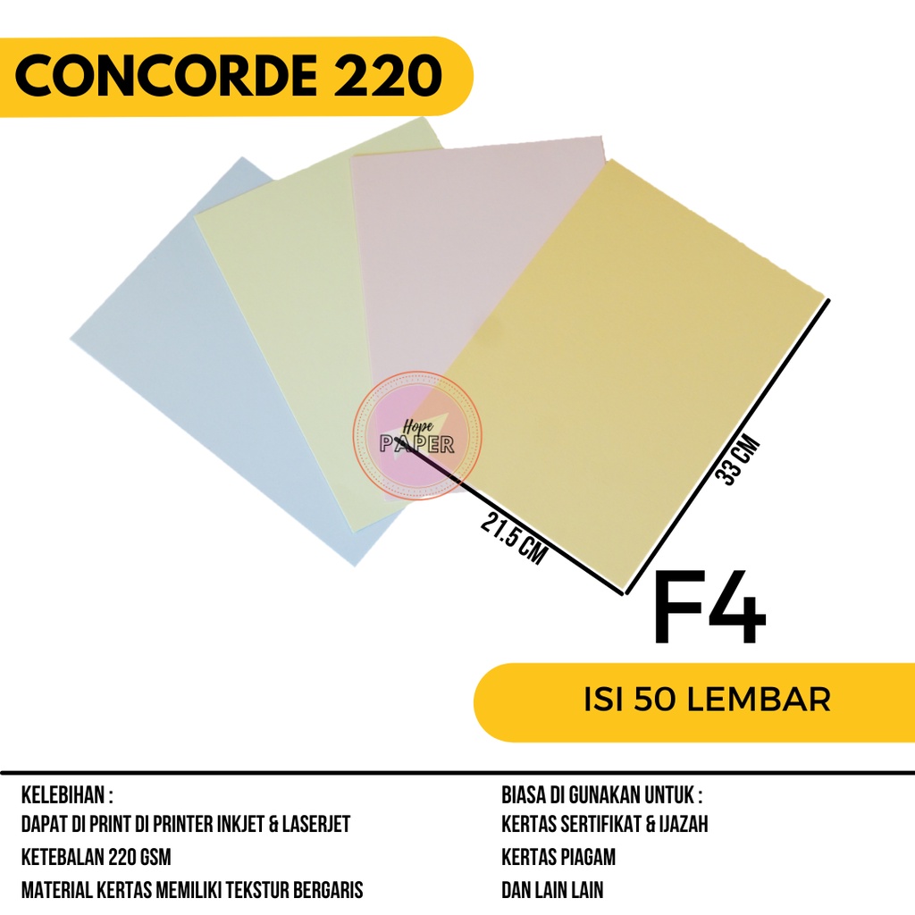 

Kertas Concorde F4 220 gr isi 50 lembar / Kertas Concorde F4 / Kertas Sertifikat F4