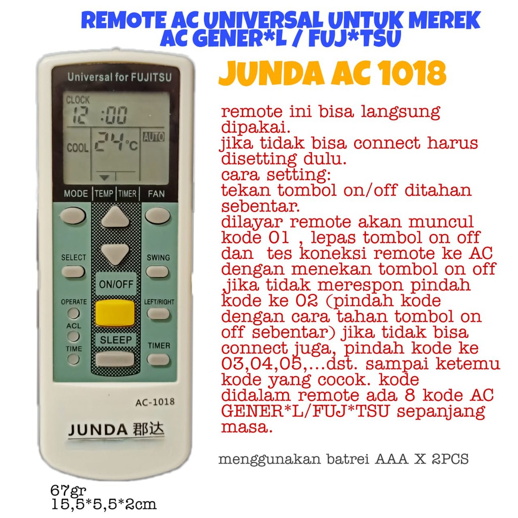 REMOT/REMOTE AC UNIVERSAL GENERA  / FUJITS JUNDA AC-1018