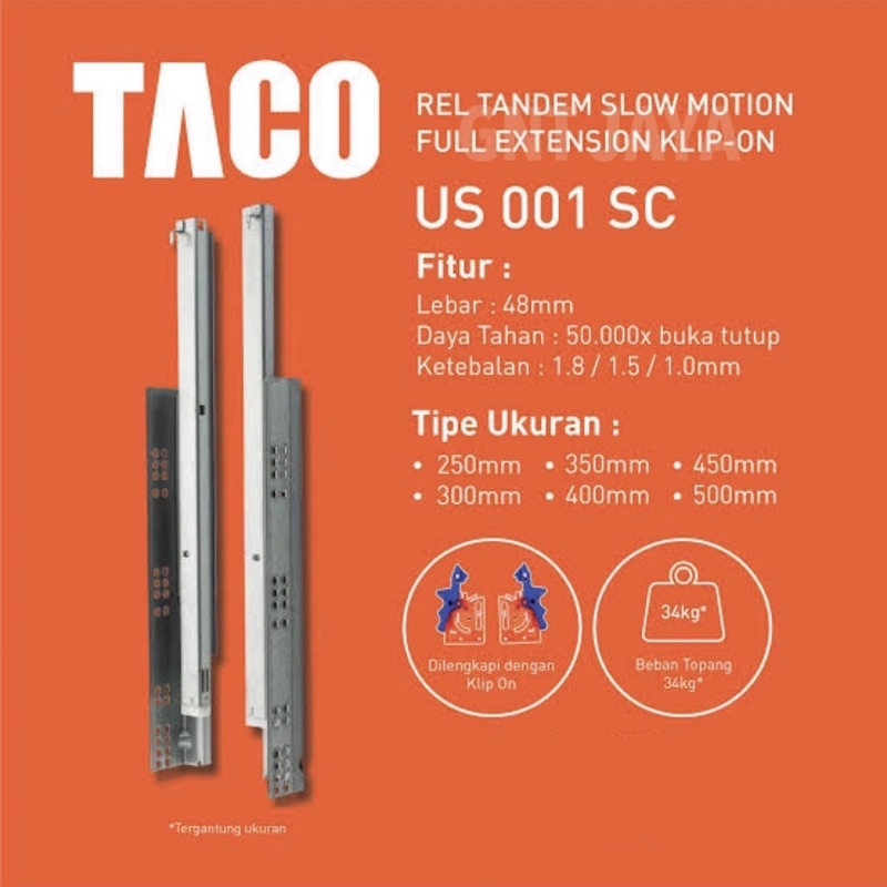 1pasang 2pcs REL TANDEM TACO 40cm US 001 SC slow motion full extension klip on clip hardware soft cl
