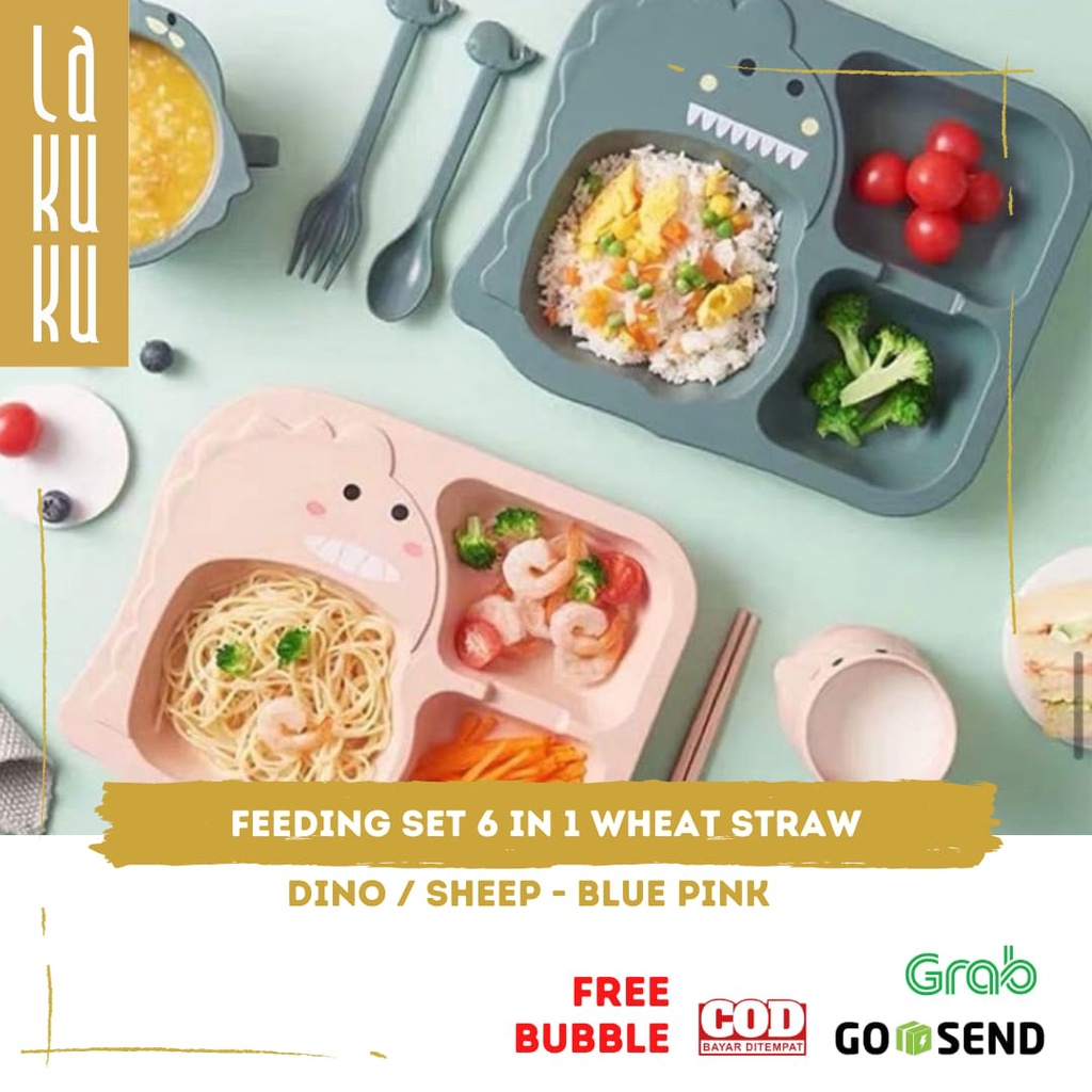 Lakuku - Feeding set 6 in 1 Dino Sheep wheat straw Peralatan Makan Anak Piring Gelas Mangkuk jerami gandum