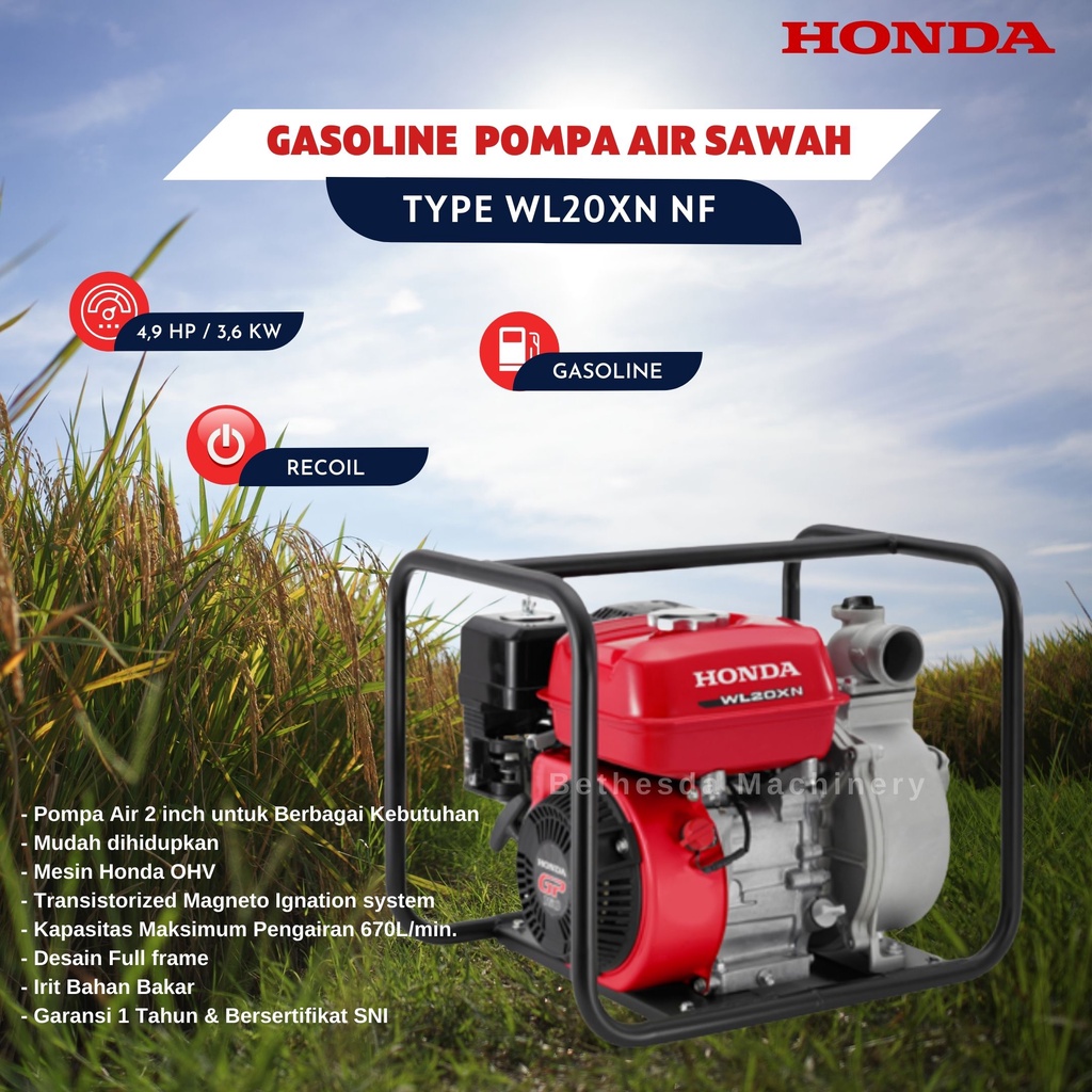 Pompa Air Honda WL20XN NF, Self Priming Centrifugal 4-Tak OHV 3.6 kW