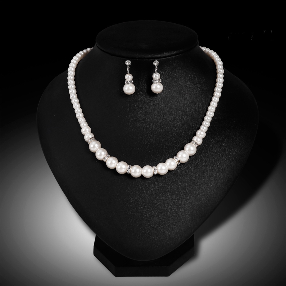 OW@ Women Fashion Chic Rhinestone Faux Pearl Beads Earrings Necklace Jewelry Set