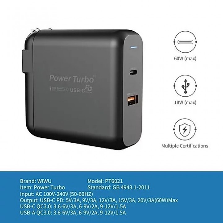 WIWU POWER TURBO PT6021 - Dual USB Wall Charger PD and QC3.0 - 60W MAX