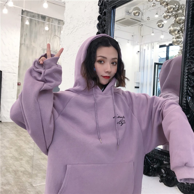 Sweater Berkerudung Lengan Panjang Wanita Korea Warna Solid Longgar Huruf Dicetak-Purple