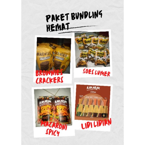 

Paket Bundling brownies crackers | soes lumer | makaroni pedas | lidi lidian ( buy 4 only 49.250)