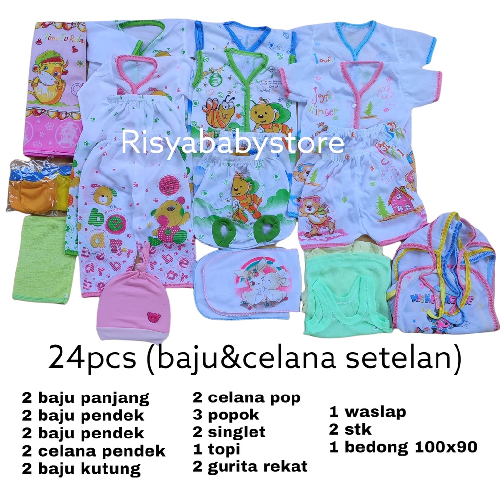 24 pcs perlengkapan bayi lengkap ekonomis / pakaian bayi newborn hemat / kaos dalam sarung tangan kaki baju dan celana bayi