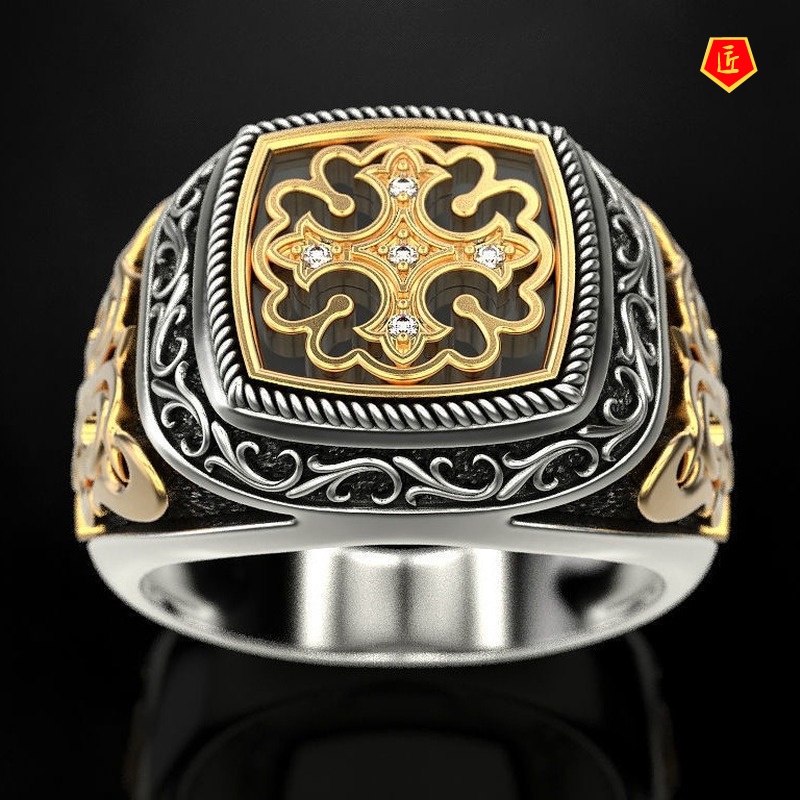 [Ready Stock]Men's 18K Gold Two-Tone Ring Vintage Cartoon Pattern