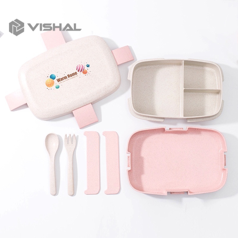 VISHAL Lunch Box Set Kotak Bekal Makan Jerami Gandum Kotak Makan Anti Tumpah Free Sendok