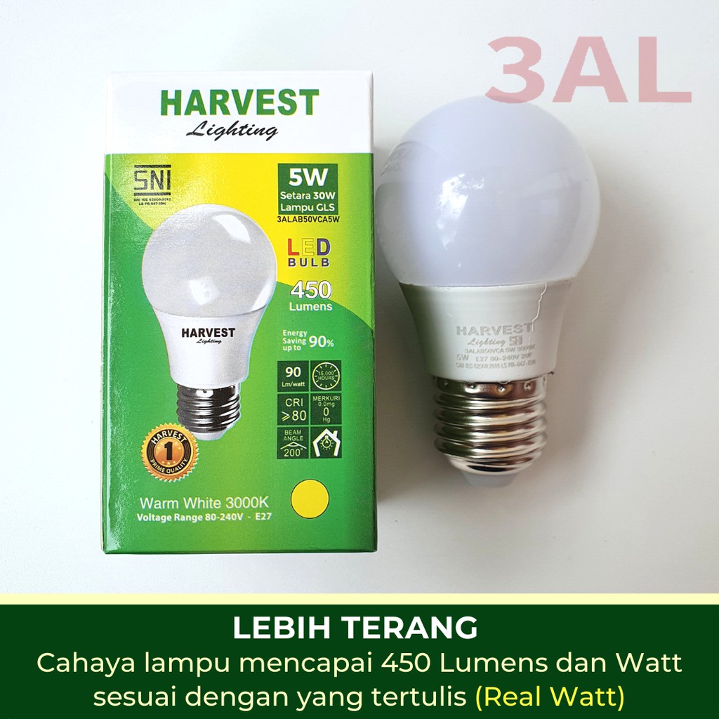 5W - Paket Isi 3 - HARVEST LIGHTING Lampu Bohlam LED A Bulb  5 Watt Lampu Hemat Energi Original Bersertifikasi SNI dan Bergaransi