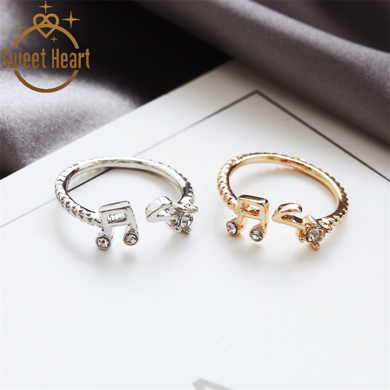 Cincin Model Terbuka Adjustable Desain Not Musik Aksen Berlian Imitasi Gaya Korea Untuk Wanita