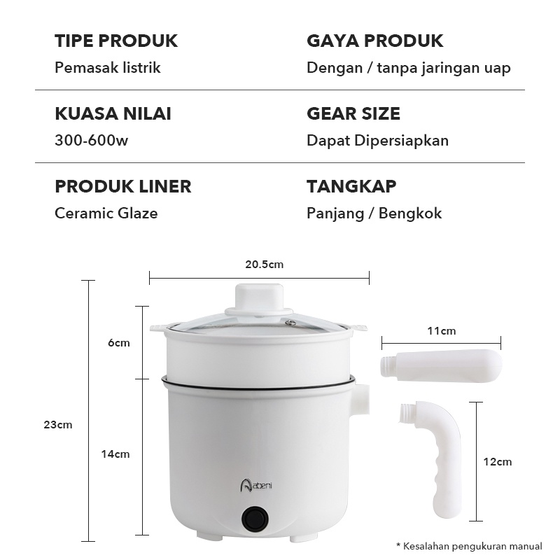 Abeni Panci Listrik Multifungsi Elektrik Cooker Keramik teflon Lapisan Ganda Anti Lengket 1.2L Electric Pot