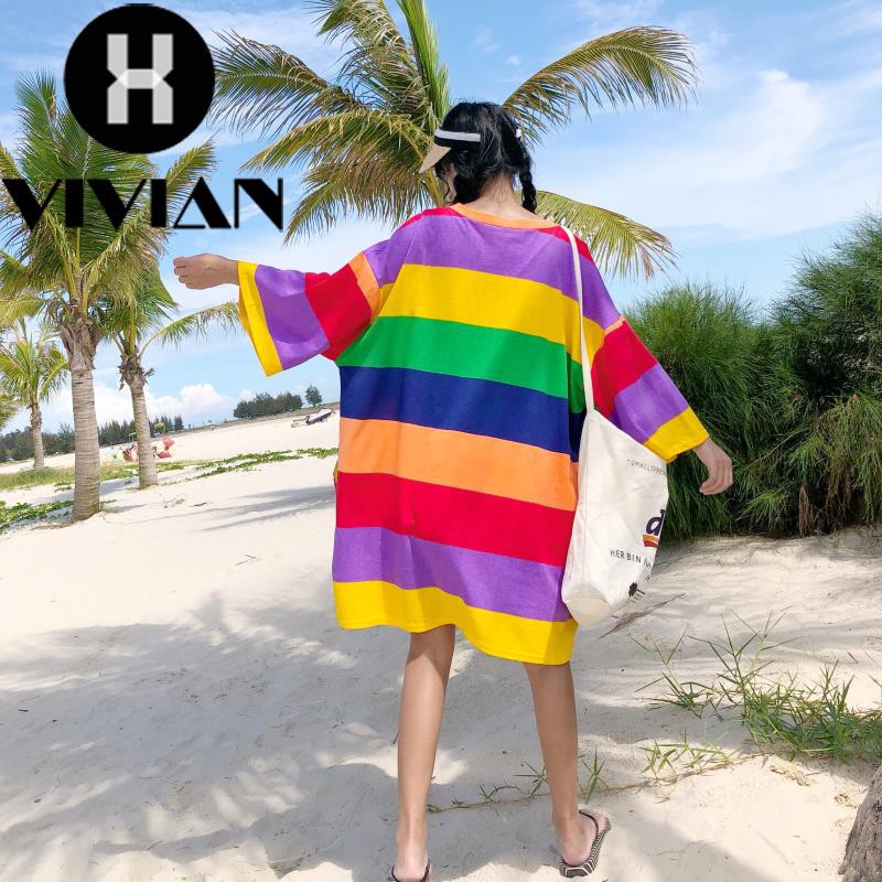 ?VIVIAN? Dress Kaos Wanita Korea Round Neck Lengan Panjang Longgar Oversize Motif Garis Warna-warni