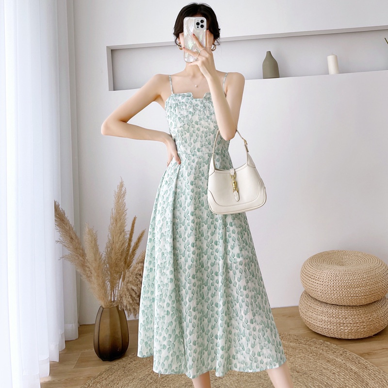 #Sisjuly# Wanita Perancis Temperamen Slim Chiffon Suspender Gaun Wanita Musim Panas Manis Temperamen