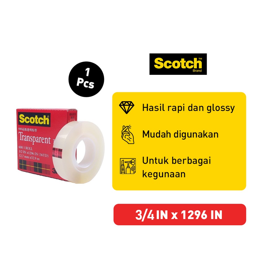 Scotch 600 Tansparent Tape 3M Isolasi - 3/4&quot; x 36Y