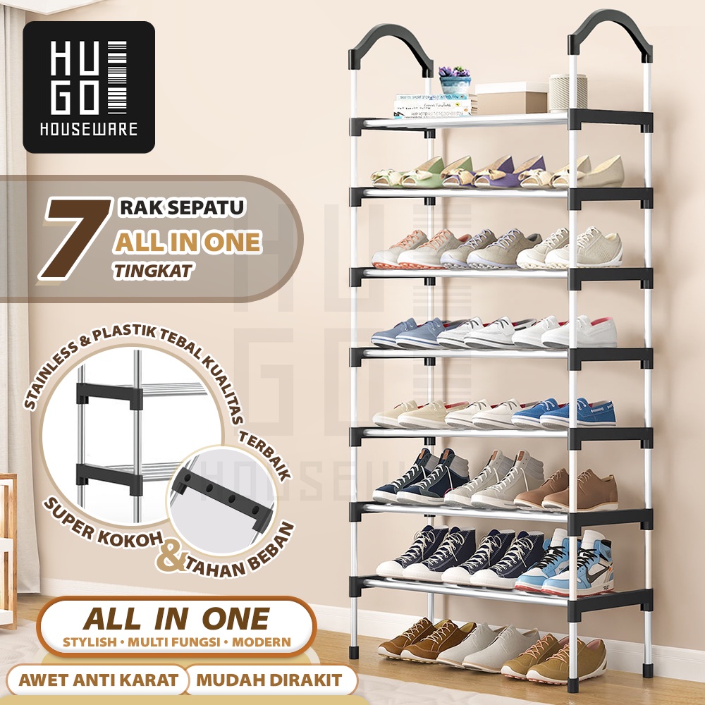 Rak Sepatu Stainless Steel Kuat Tempat Sepatu Sandal Multifungsi Kapasitas Besar 5 Susun 6 Susun 7 Susun HUGO