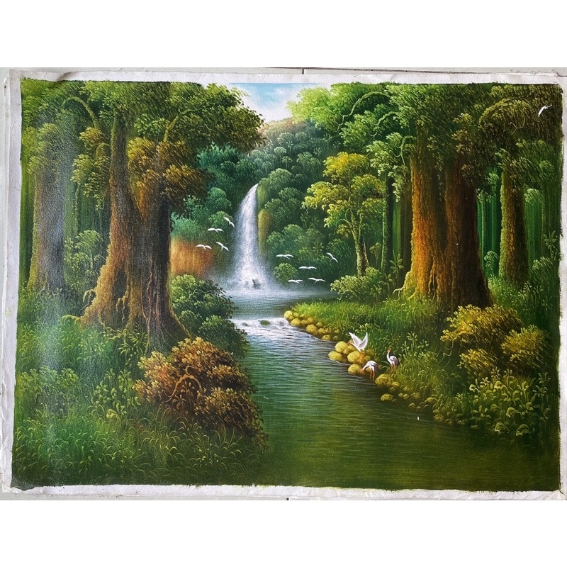 TERMURAH Lukisan pemandangan air terjun 60x80cm / lukisan tangan asli kanvas